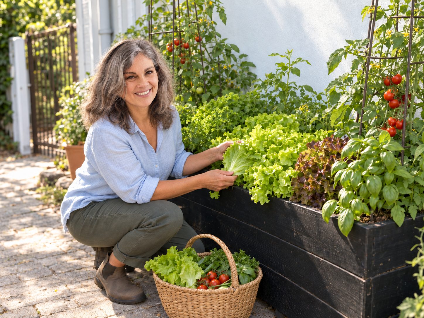 Nina Midtgaard tending vegetables and herbs in her garden at Kratkrogen.