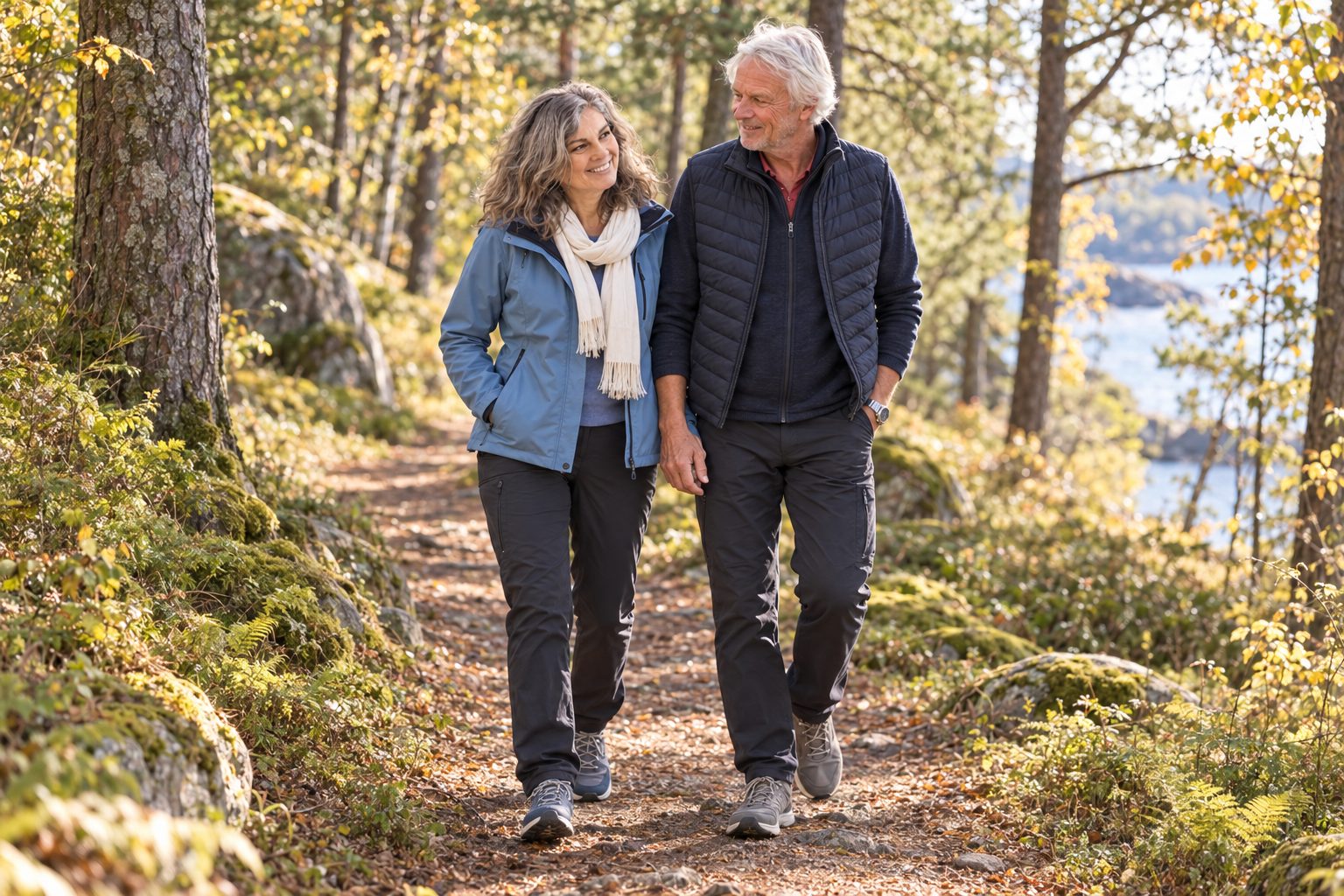 Nina Midtgaard and her husband Peter walking on a forest path in the archipelago.