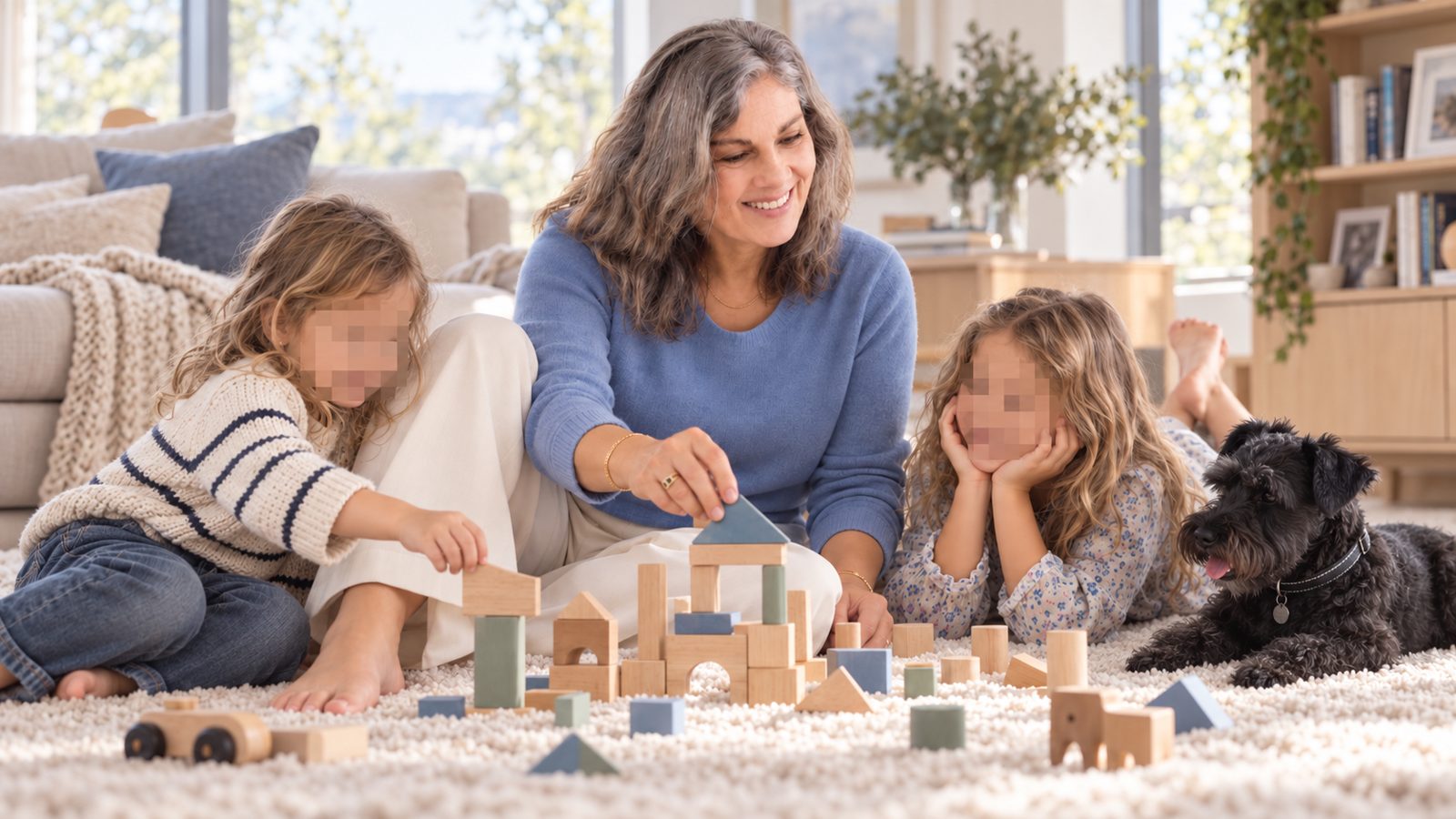 Nina Midtgaard playing with building blocks with her grandchildren and Emil.
